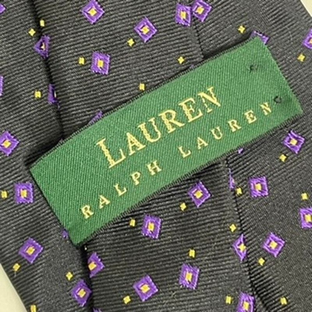 Lauren Ralph Lauren Necktie Silk Black Purple Squares Print Hand Finished - Picture 2 of 5